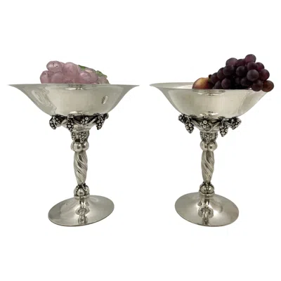 Pre-owned Georg Jensen Pair  Sterling Silver Large Tazzas / Compotes In Grape Pattern #264a In Purple
