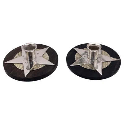 Pre-owned Georg Jensen Pair Of  1940 Sterling Silver And Wood Candlesticks By A. Malinowski In Black