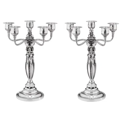 Pre-owned Georg Jensen Pair Of Sterling Silver Five-light Candelabra #481b By Johan Rohde