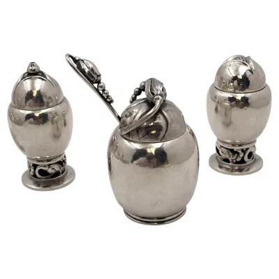 Pre-owned Georg Jensen Set Of 3  Sterling Silver Blossom Salt Shakers & Mustard Pot #2a In Yellow