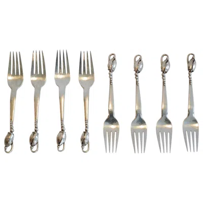 Pre-owned Georg Jensen Set Of Eight Sterling Silver Blossom Salad Forks By , Denmark