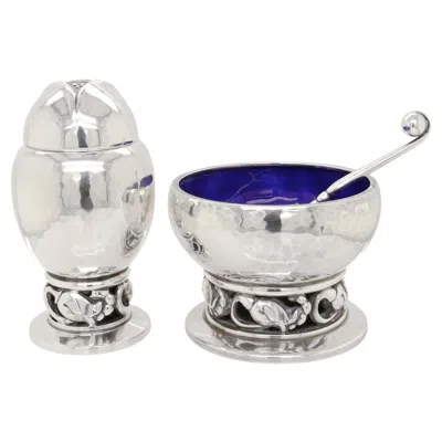 Pre-owned Georg Jensen Signed  Sterling Silver Blossom Pepper Shaker & Salt Cellar Pair #2a