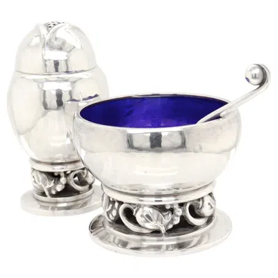Pre-owned Georg Jensen Signed  Sterling Silver Blossom Pepper Shaker & Salt Cellar Pair #2a In Multi