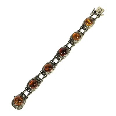 Pre-owned Georg Jensen Sterling Amber Cabochon Link Bracelet In Brown