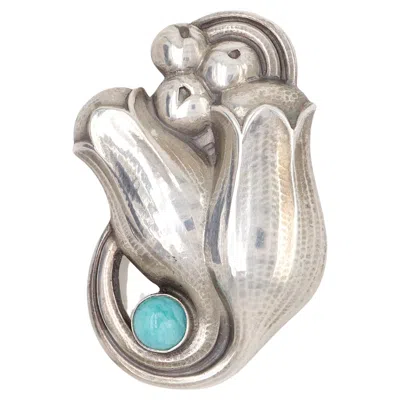 Pre-owned Georg Jensen Sterling Silver Tulip Brooch No.100b With Amazonite Cabochon In Multi