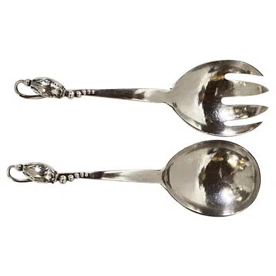 Pre-owned Georg Jensen Vintage  Blossom Sterling Silver Serving Fork And Spoon Set, 1930's In Brown