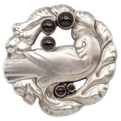 Pre-owned Georg Jensen Vintage  No. 123 Sterling Dove Brooch With Cabochon Garnet In Multi