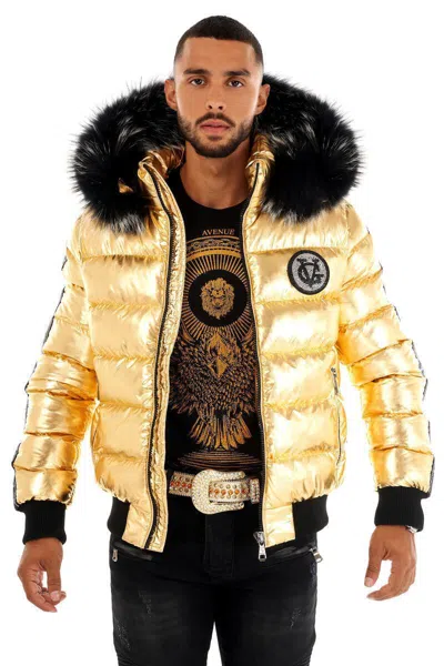 Pre-owned George Avenue  V Paris Men's Puffer Jacket Gold Rhinestone High Fur On Hood Coat