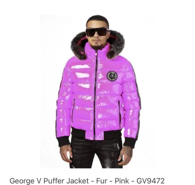 Pre-owned George Avenue  V Paris Men's Puffer Jacket Pink Rhinestone High Fur On Hood Coat