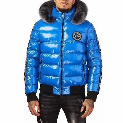 Pre-owned George Avenue  V Paris Men's Rhinestone Puff Fur Coat In Sax - Size M In Blue