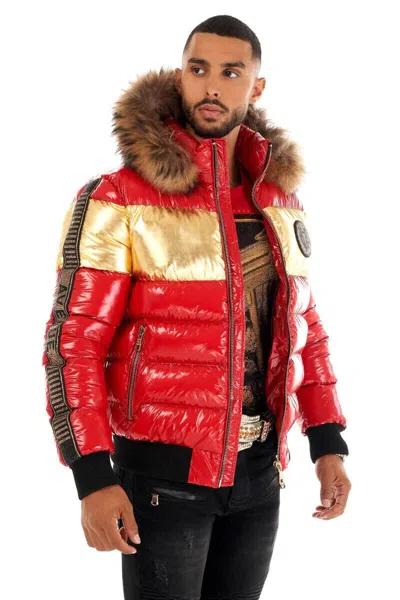 Pre-owned George Avenue  V Paris Puffer Jacket Red Gold Rhinestone High Fur On Hood Coat