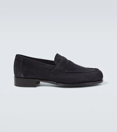 George Cleverley Cannes Suede Penny Loafers In Black