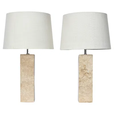 Pre-owned George Kovacs Pair Of  Solid Beige Tone Travertine Table Lamps, 1970's In Brown