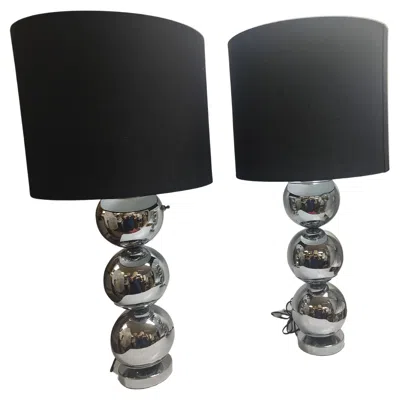 Pre-owned George Kovacs Pair Of Mid-century Modern Stacked Ball Table Lamps With New Rh Shades In Black
