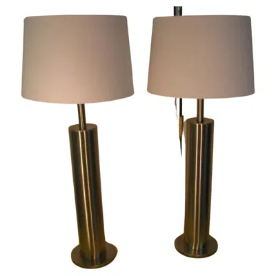 Pre-owned George Kovacs Pair Of Mid-century Modern Stainless Steel Cylindrical Table Lamps In Brown