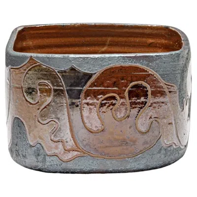 Pre-owned George Martin Square Stoneware Pot With Abstract Decoration By Georges Martin, Circa 1970-1980 In Brown