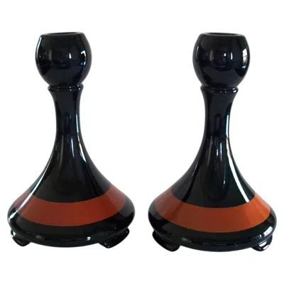 Pre-owned George Sakier Fostoria Glass - Rare Pair Art Deco Ebony Line Candlesticks - U.s. - Circa 1930 In Black