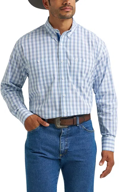 George Strait Men's Blue & White Plaid Print Western Shirt
