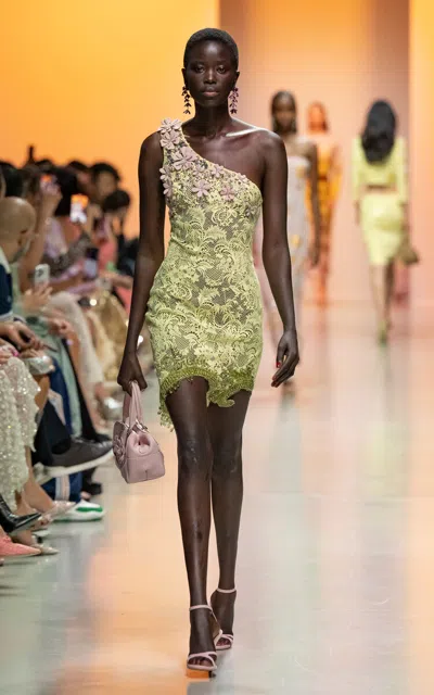 Georges Hobeika Asymmetric Embellished Lace Mini Dress In Yellow