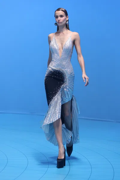 Georges Hobeika Beaded Crepe Tulle Dress In Gray