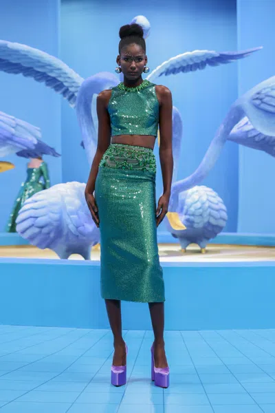 Georges Hobeika Beaded Sparkled Top And Skirt In Green | ModeSens
