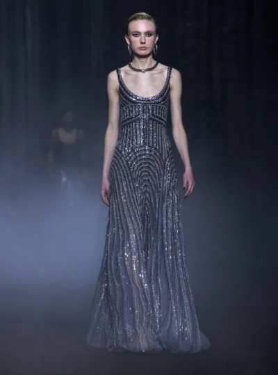 Georges Hobeika Beaded Tulle Scoop-neck Gown In Blue