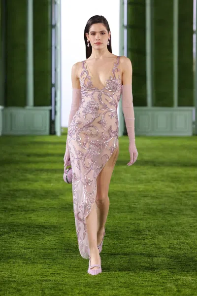 Georges Hobeika Beaded Tulle Slit Midi Dress In Purple