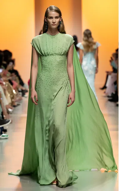 Georges Hobeika Cape-detailed Embellished Georgette Gown In Green