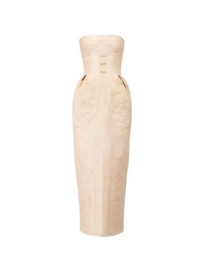 Georges Hobeika Corset Floral Midi Dress In Neutral