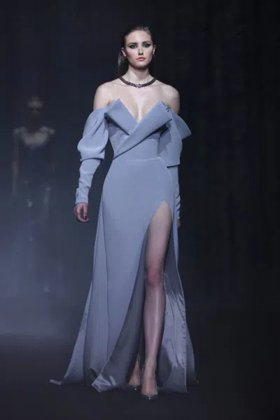 Georges Hobeika Crêpe Gown With Envelope Collar In Blue