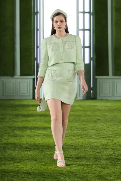 Georges Hobeika Cropped Tweed Jacket With Embellished Tweed Dress In Green