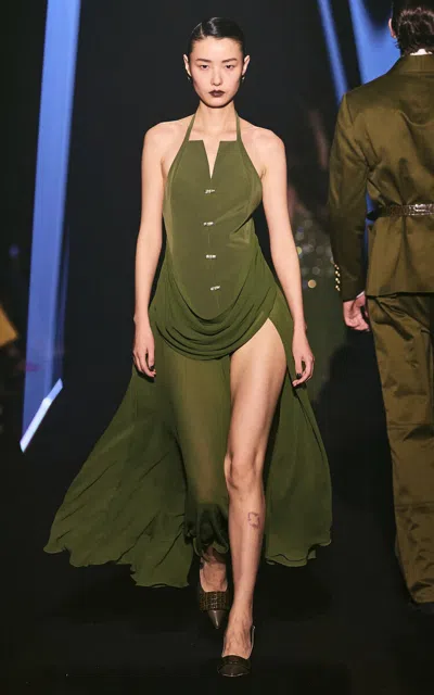 Georges Hobeika Draped Slit Dress In Olive