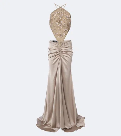 Georges Hobeika Embellished Gathered Open-back Satin Gown In Gray