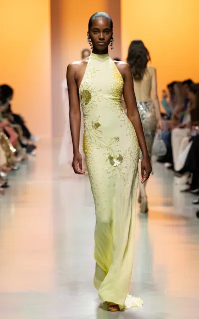 Georges Hobeika Embellished Georgette Halter Maxi Dress In Yellow