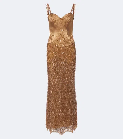 Georges Hobeika Embellished Satin Bustier Gown In Brown