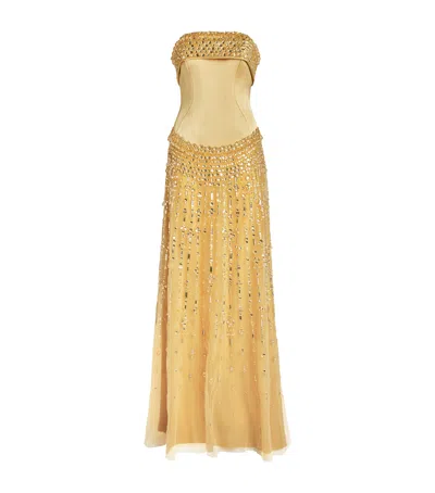 Georges Hobeika Embellished Strapless Gown In Yellow
