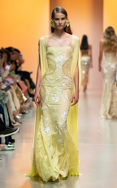 Georges Hobeika Embroidered Lace-paneled Georgette Maxi Dress In Yellow