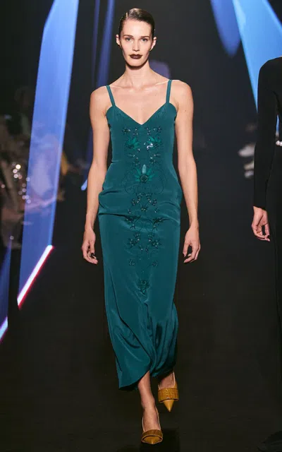 Georges Hobeika Embroidered Silk Dress In Turquoise