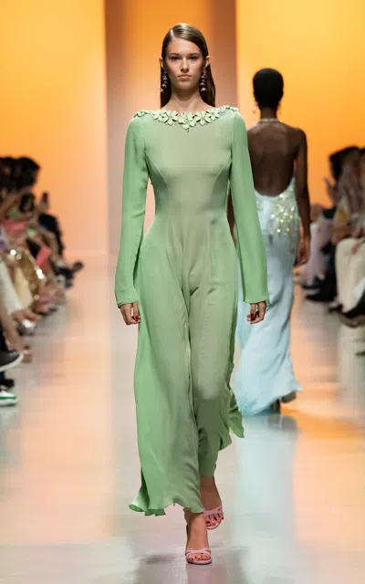 Georges Hobeika Floral-appliquéd Georgette Maxi Dress In Green