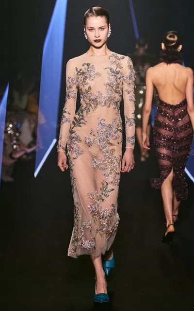 Georges Hobeika Floral-appliqued Midi Dress In Multi