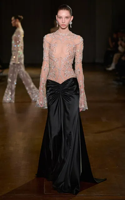 Georges Hobeika Flounce Sleeve Embellished Top In Brown