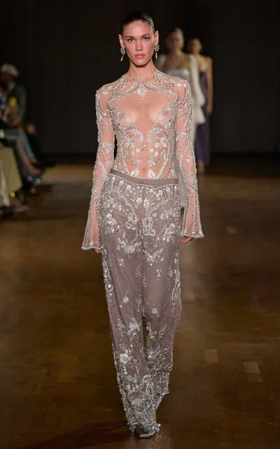 Georges Hobeika Flounce Sleeve Embellished Top In Brown