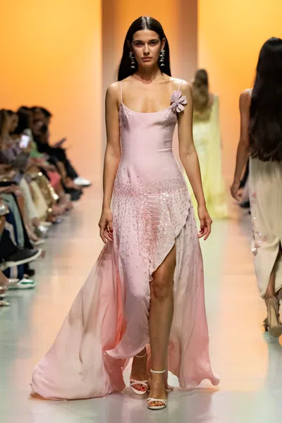 Georges Hobeika Gabardine Bodice Georgette Gown In Pink