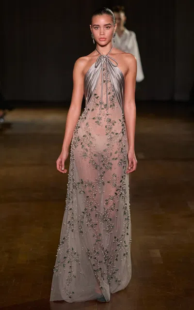 Georges Hobeika Halter Neck Embellished Maxi Dress In Gray