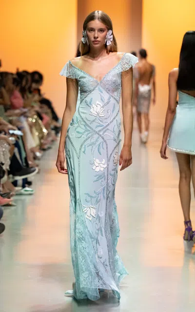 Georges Hobeika Lace-paneled Geogette Maxi Dress In Blue