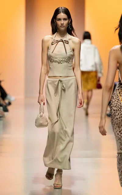 Georges Hobeika Linen Maxi Skirt In Tan