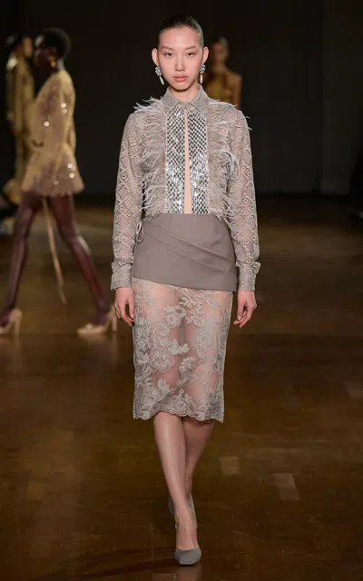 Georges Hobeika Long Sleeve Embellished Top In Brown