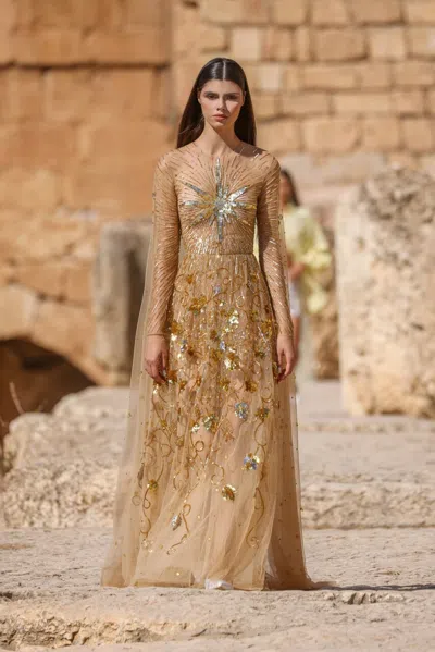 Georges Hobeika Long Sleeve Shawl Dress In Multi