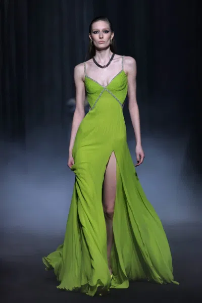 Georges Hobeika Nervure Georgette Gown With Beaded Border In Green