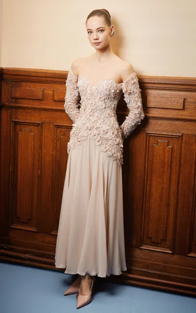 Georges Hobeika Off-the-shoulder Embroidered Silk-blend Evening Gown In Brown